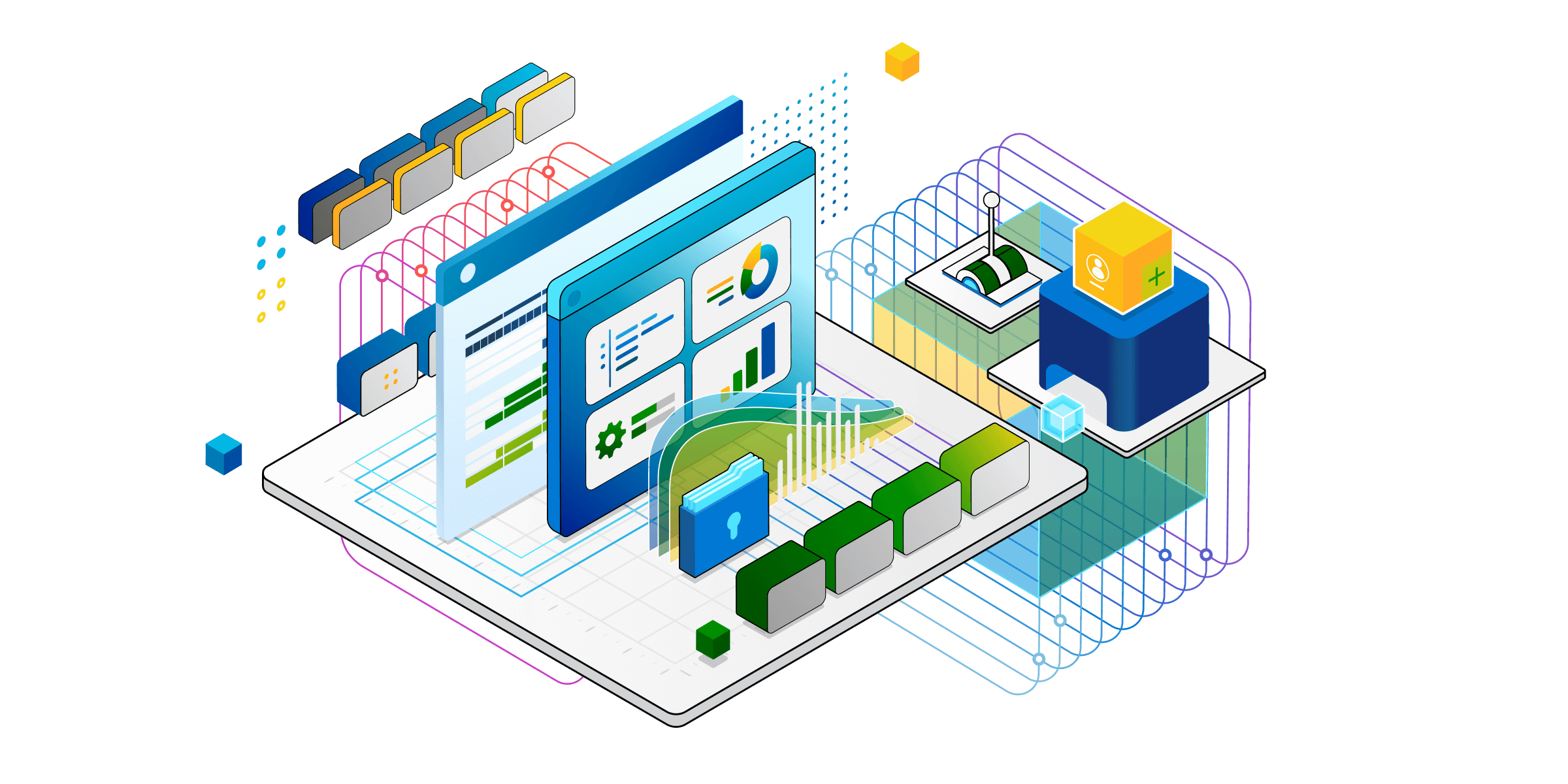 Uma ilustração isométrica dos componentes técnicos dos serviços do Purview.