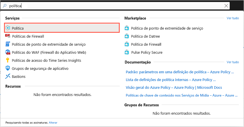 Screenshot of the general Azure portal search box with a result that shows the Azure Policy service.