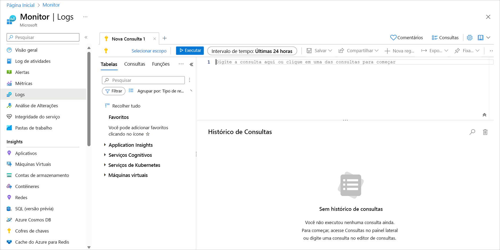 Captura de tela do Azure Monitor com uma nova guia de consulta aberta.