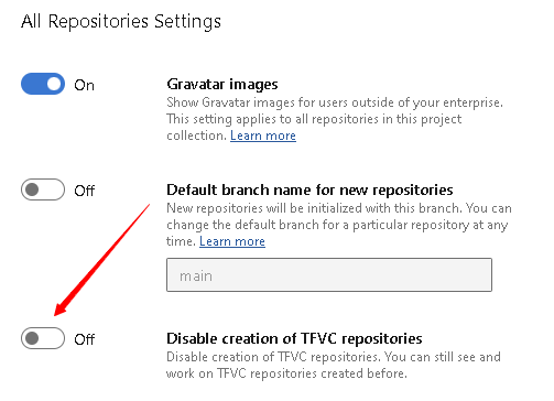 Captura de tela da seção Todas as Configurações do Repositório, mostrando a opção Desabilitar criação de repositórios TFVC.