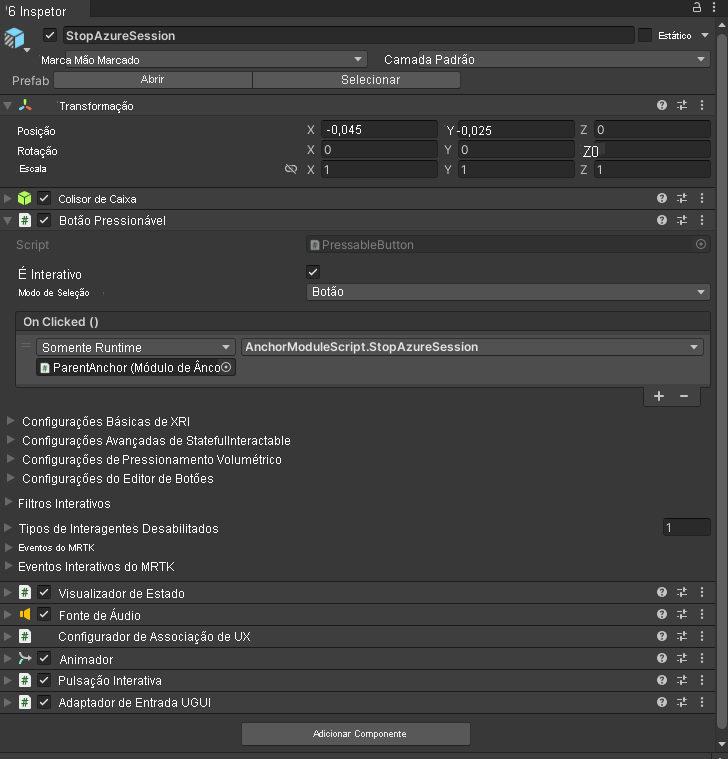 Screenshot of Unity with the StopAzureSession button's OnClick event configured.