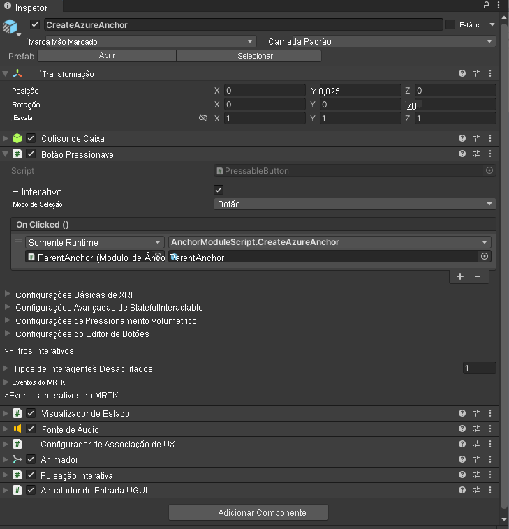 Screenshot of Unity with the CreateAzureAnchor button's OnClick event configured.