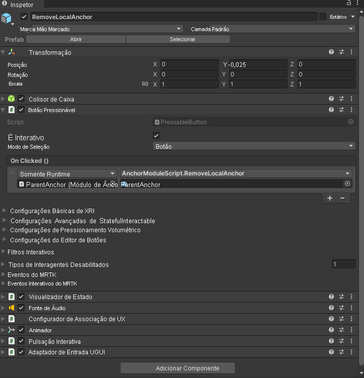 Screenshot of Unity with the RemoveLocalAnchor button's OnClick event configured.