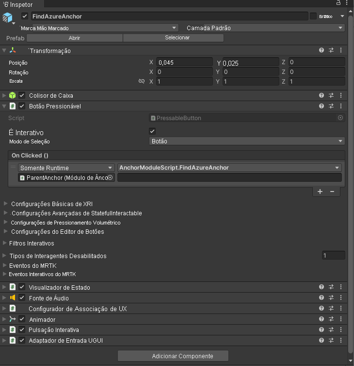 Screenshot of Unity with the FindAzureAnchor button's OnClick event configured.