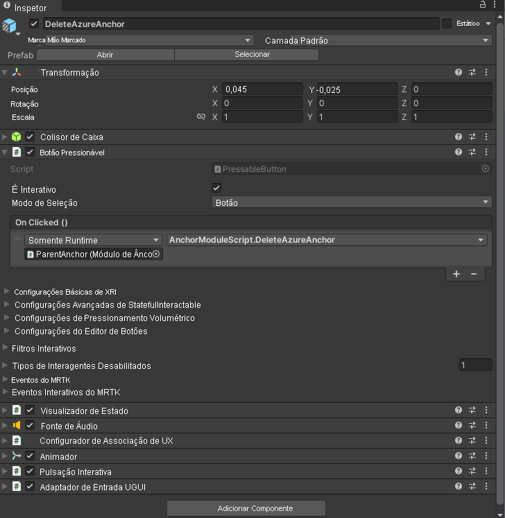 Screenshot of Unity with the DeleteAzureAnchor button's OnClick event configured.