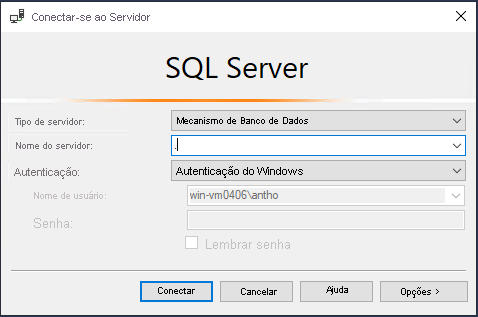 Captura de tela que mostra como se conectar ao SQL Server 2019 no SSMS.