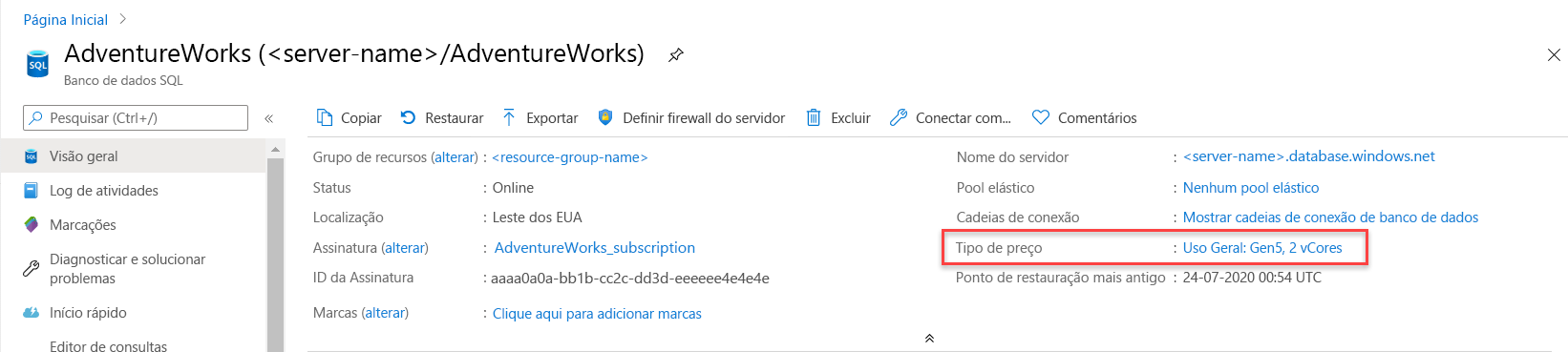 Captura de tela da alteração da camada de serviço no portal do Azure.