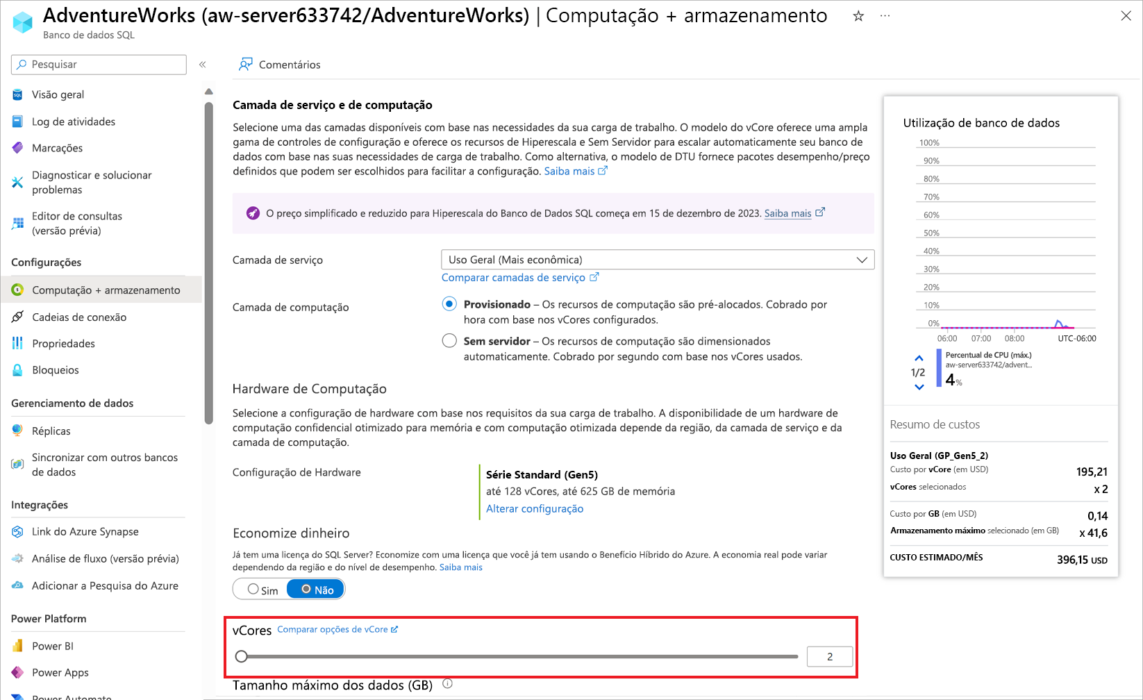 Captura de tela das opções de computação no portal do Azure.