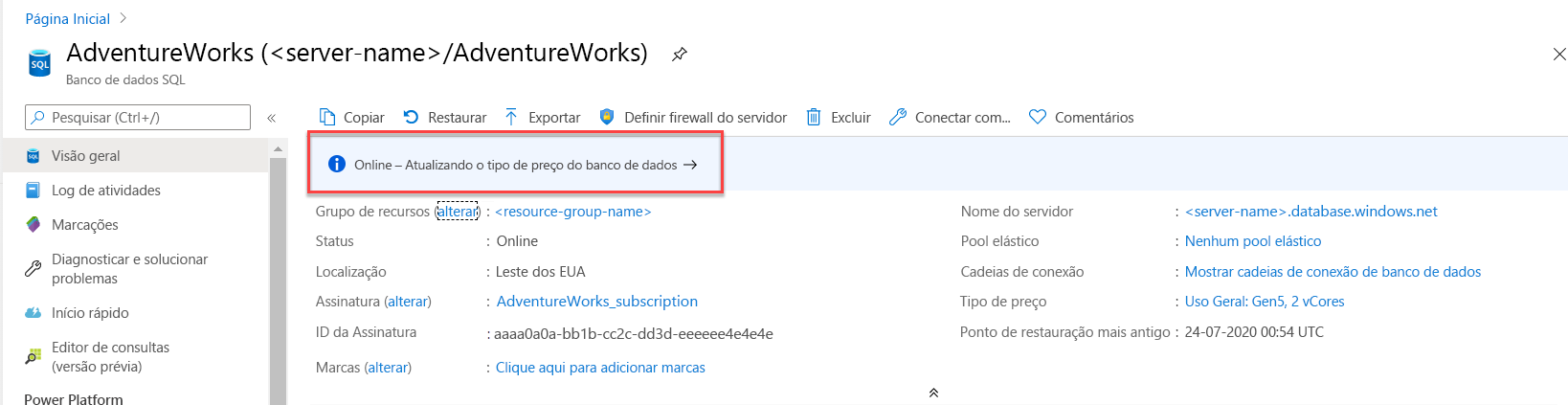 Captura de tela da atualização no portal do Azure.