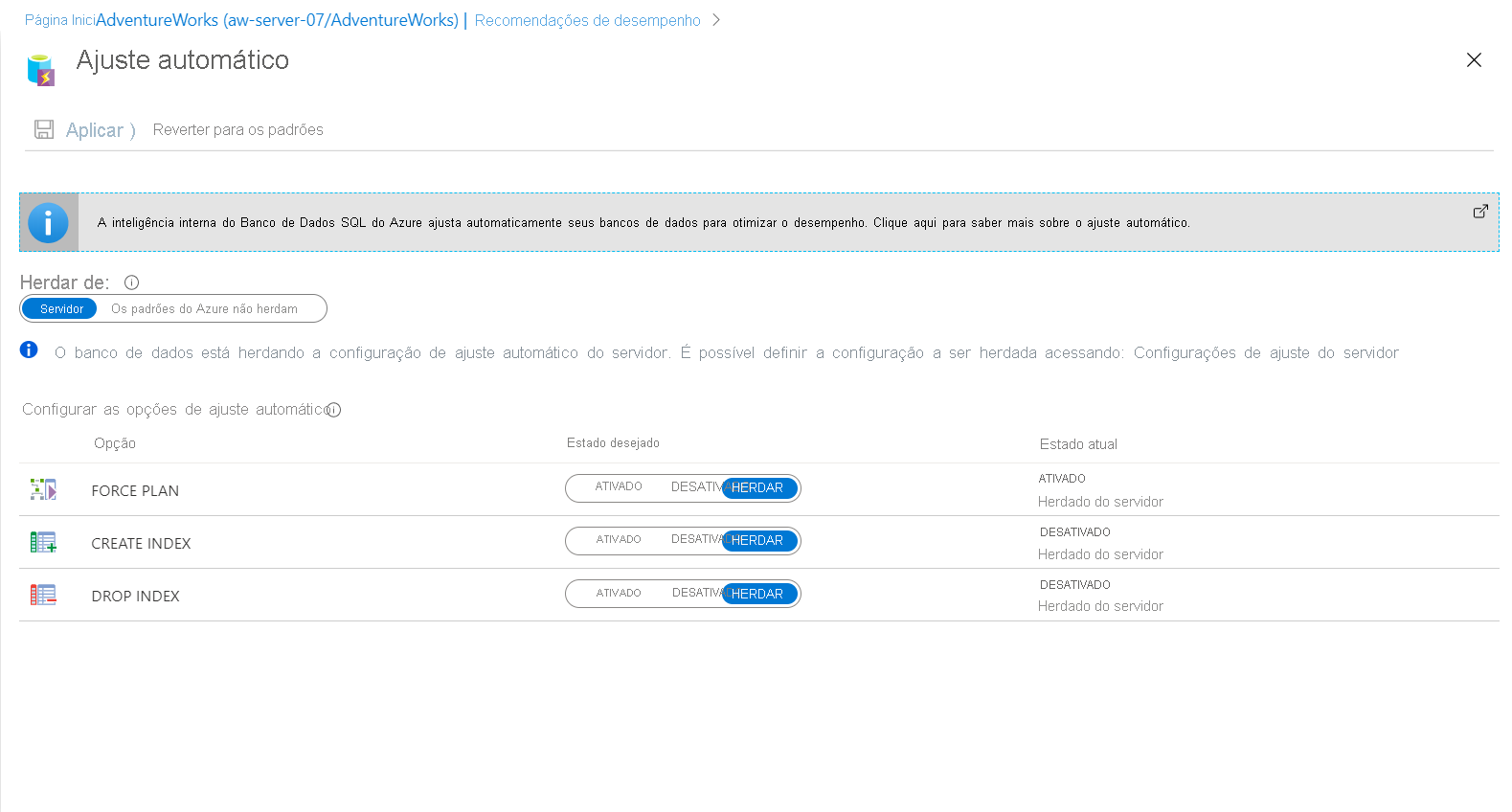 Captura de tela das opções de ajuste automático.