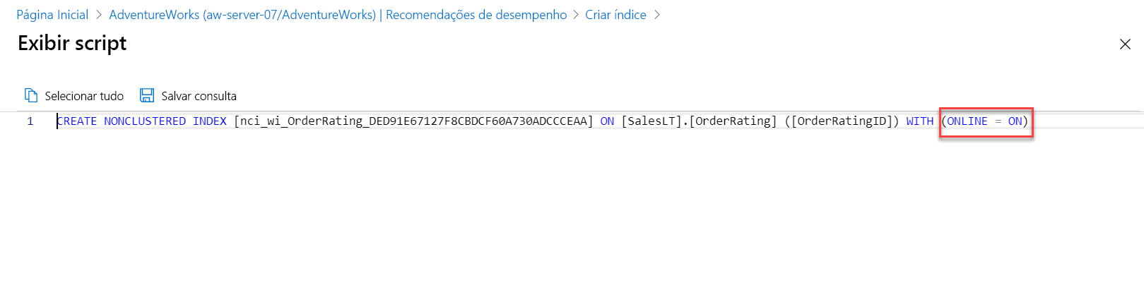 Captura de tela do script de recomendação de índice.