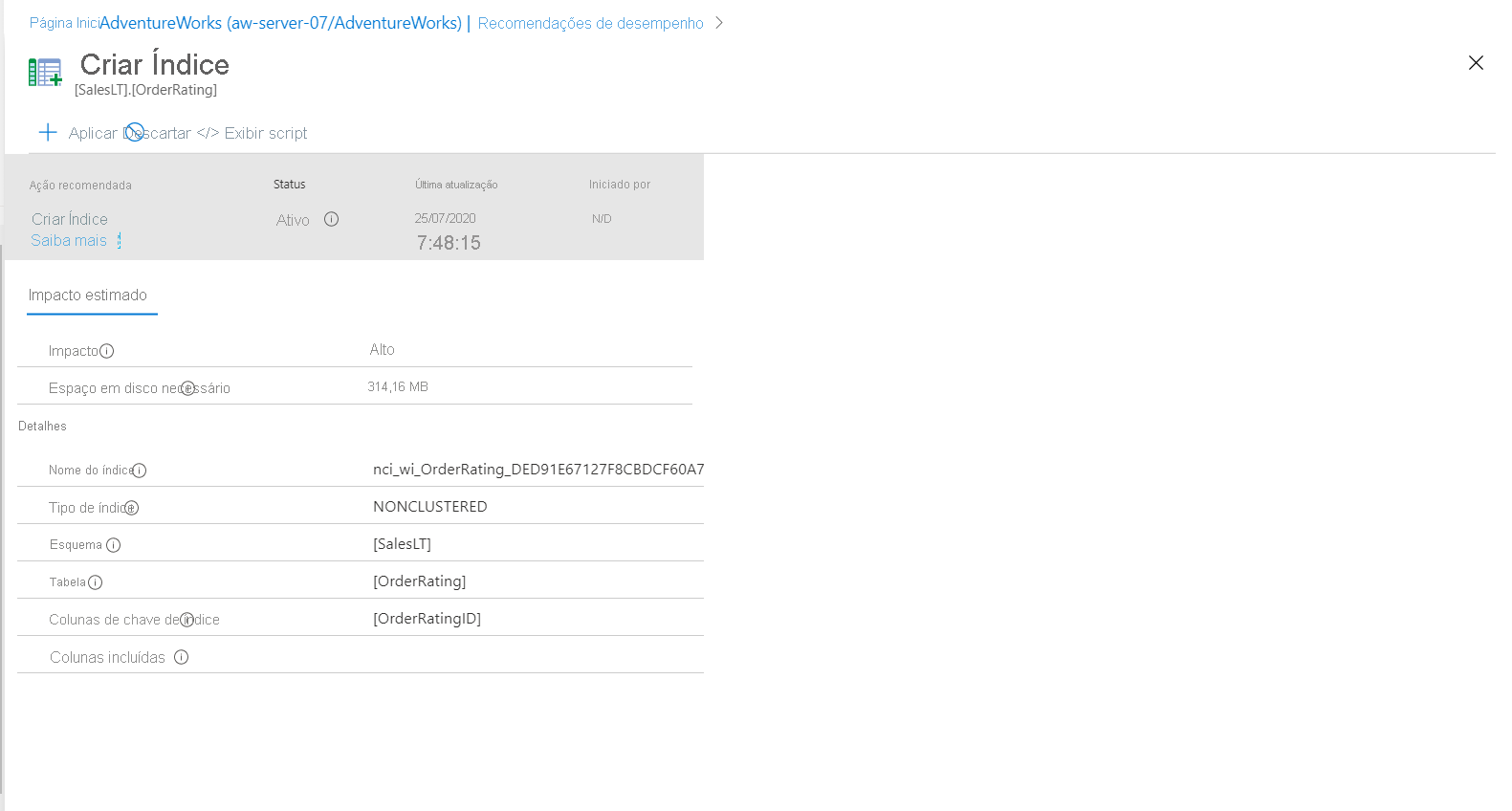 Captura de tela da recomendação de criação de índice.