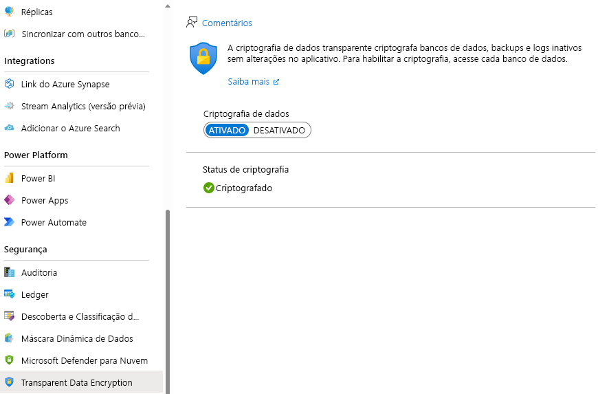 Captura de tela confirmando que a TDE está no portal do Azure.