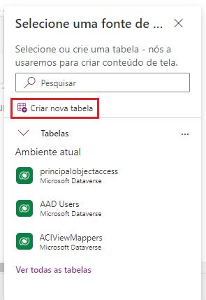 Captura de tela do pop-up Selecionar uma fonte de dados com Criar nova tabela realçado.