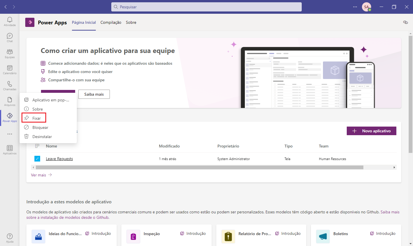 Captura de tela da Fixação do Power Apps no trilho lateral.