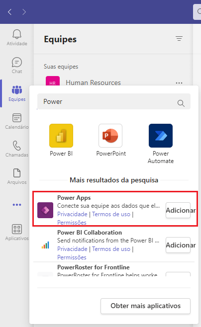 Captura de tela do pop-up de seleção de aplicativo no Teams.
