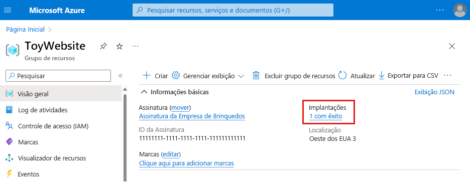 Screenshot of the Azure portal that shows the resource group with one successful deployment.