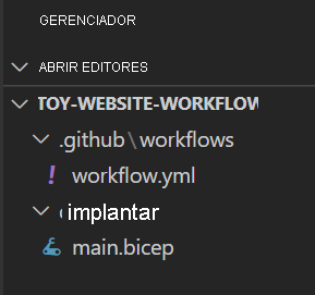 Screenshot of the Visual Studio Code Explorer, with the main dot bicep file highlighted and located in the deploy folder.