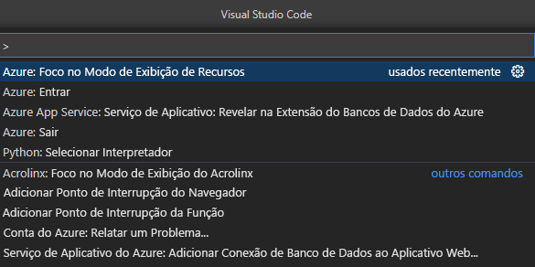 Screenshot of the command palette in Visual Studio Code. The user has selected the Focus on Azure Databases extension View command.