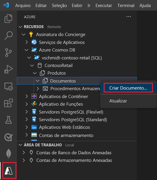 Screenshot of the Azure Databases pane in Visual Studio Code. The user has selected the Create Document command in the StudentCourseGrades container.