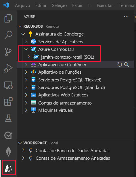 Screenshot of the Azure Resources extension pane in Visual Studio Code. The new Azure Databases extension account is listed under the user's Azure account.