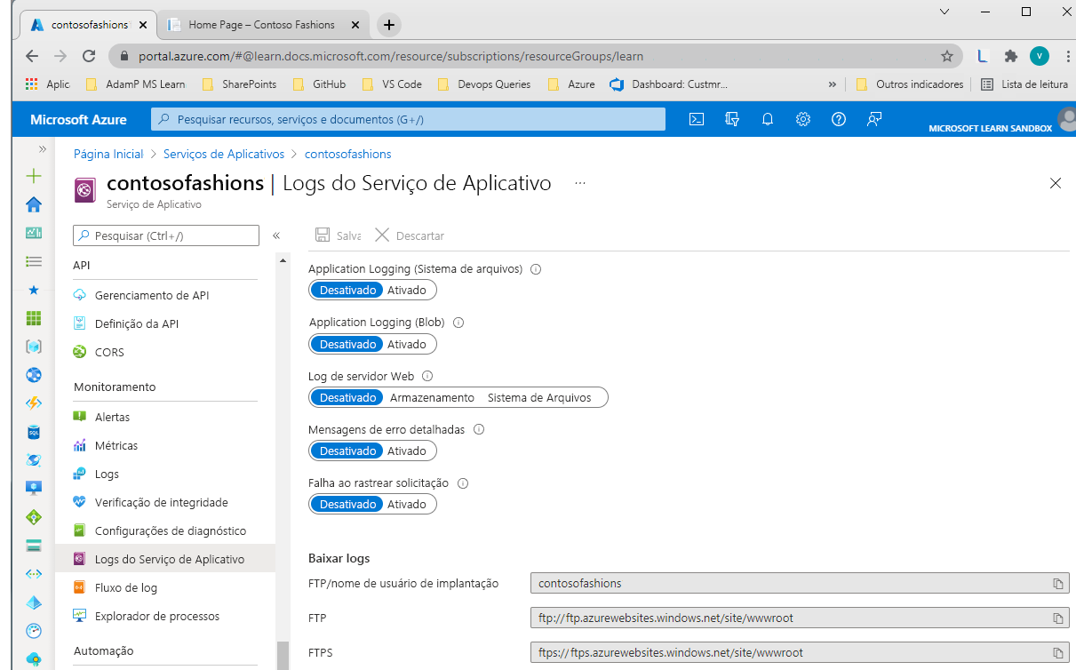 Captura de tela do painel Logs de diagnóstico no portal do Azure.