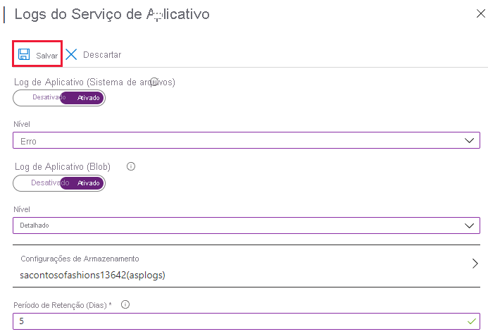 Captura de tela da configuração de logs do aplicativo no portal do Azure com Salvar realçado.