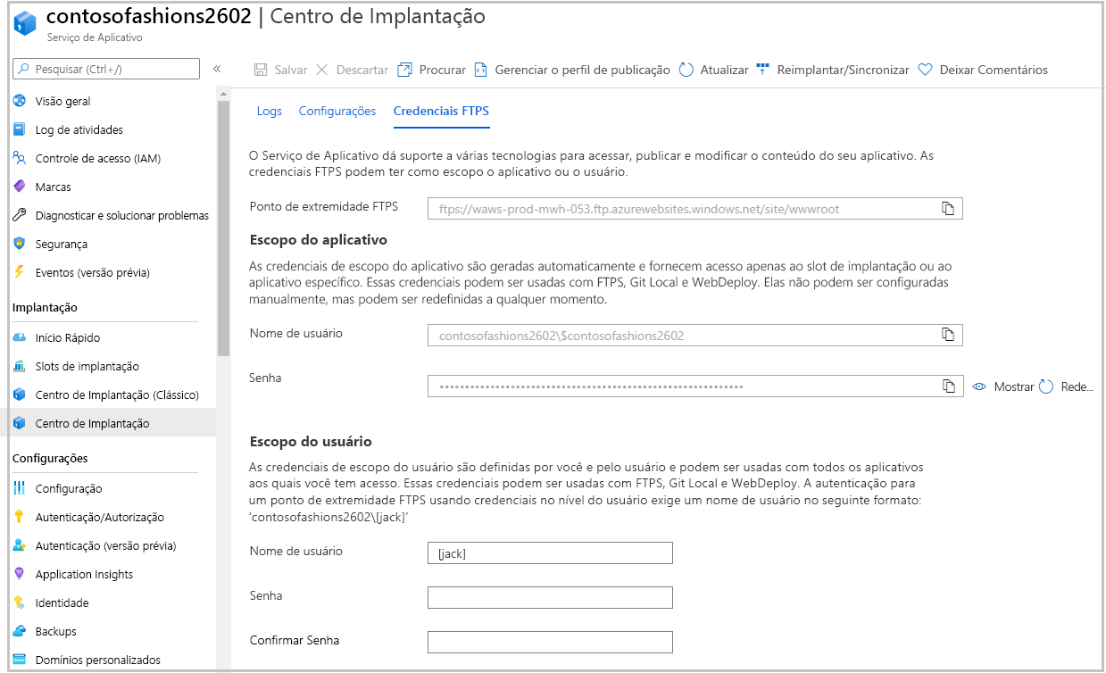 Captura de tela do painel Centro de Implantação do Serviço de Aplicativo mostrando a guia Credenciais de FTPS.