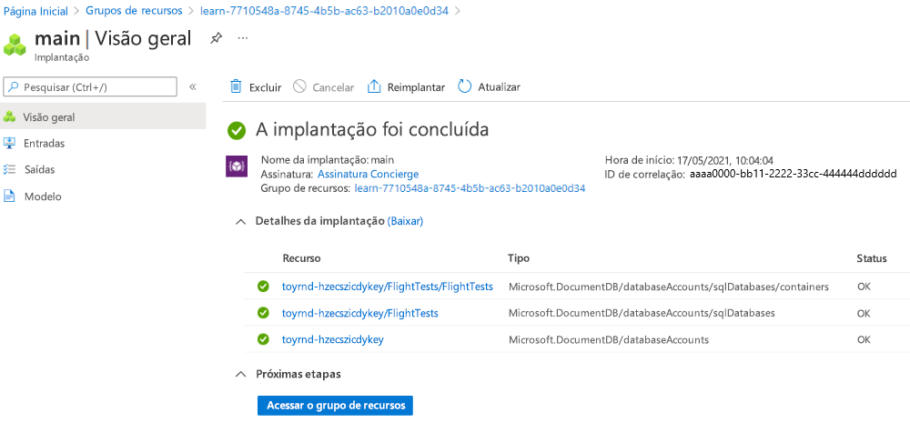 Captura de tela da interface do portal do Azure da implantação específica, com três recursos do Cosmos DB listados.