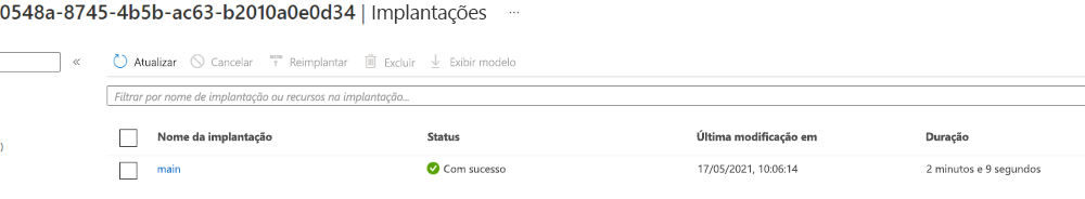 Captura de tela da interface do portal do Azure para as implantações com a implantação em questão listada e um status de êxito.