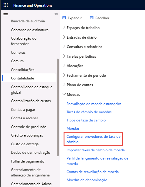 Captura de tela que mostra como navegar até a página Configurar provedores de taxa de câmbio.