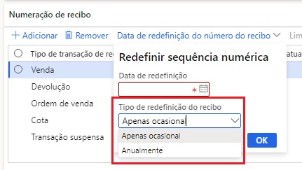 Captura de tela da grade de numeração de recibo do Dynamics 365 Commerce.