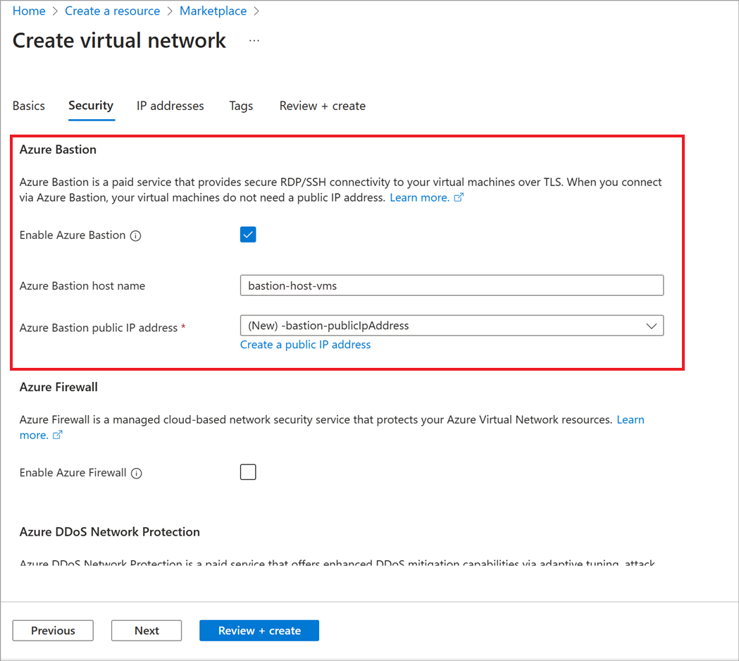 Captura de tela da guia Segurança, que permite habilitar e configurar o Azure Bastion host no fluxo de trabalho de criação de uma rede virtual.