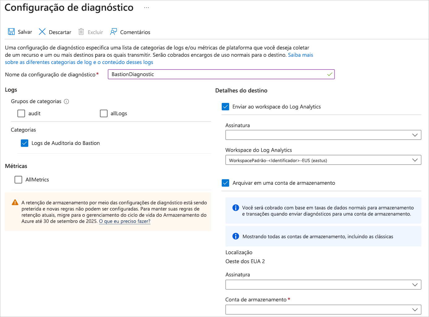 Captura de tela mostrando a página Configurações de diagnóstico preenchida.