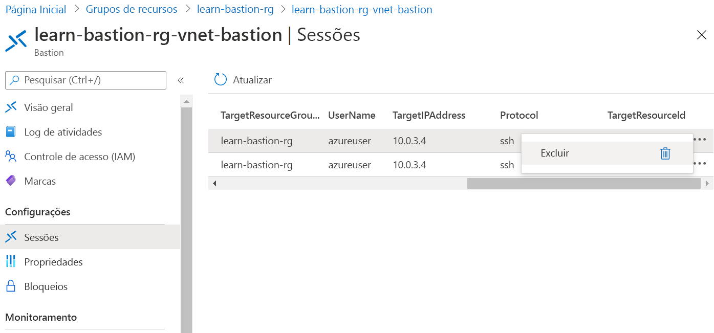 Captura de tela da página Sessões do Azure Bastion com a opção de exclusão selecionada para uma das duas sessões.
