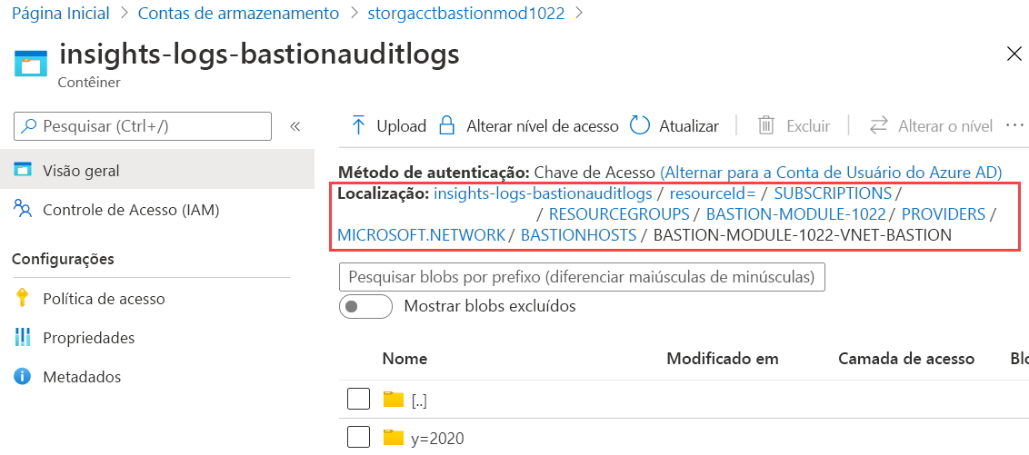 Captura de tela dos logs de informações do Azure Bastion mostrando que o nível de localização da pasta está no recurso do Azure Bastion host.