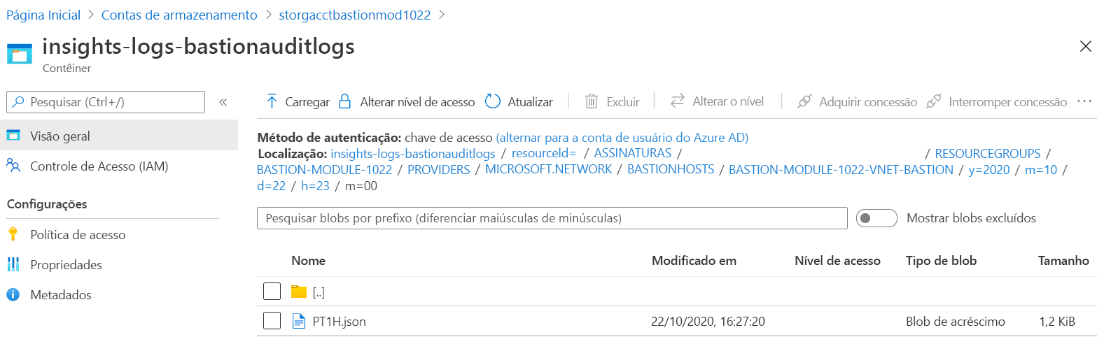 Captura de tela dos logs de informações do Azure Bastion mostrando o arquivo JSON em um período específico.