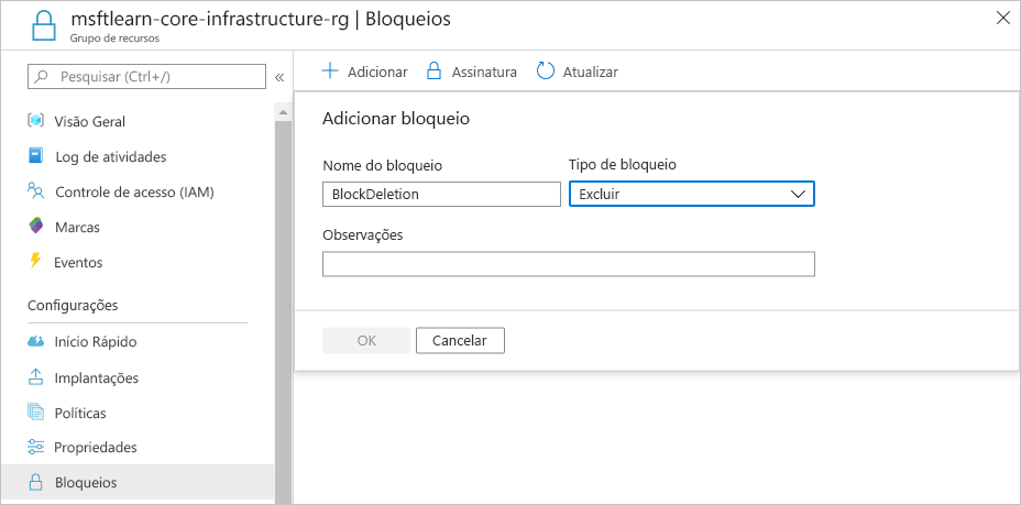 A captura de tela do portal do Azure mostrando um novo bloqueio de exclusão de recurso sendo configurado.