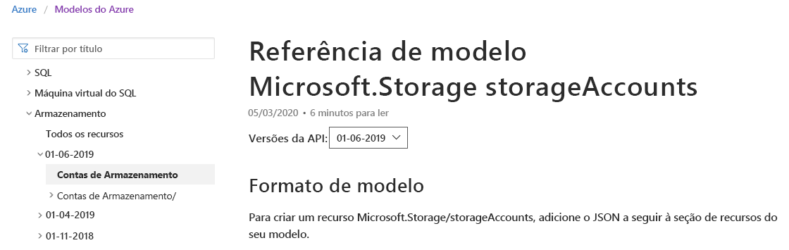 Captura de tela da página de documentação da Microsoft mostrando a documentação da conta de armazenamento selecionada.