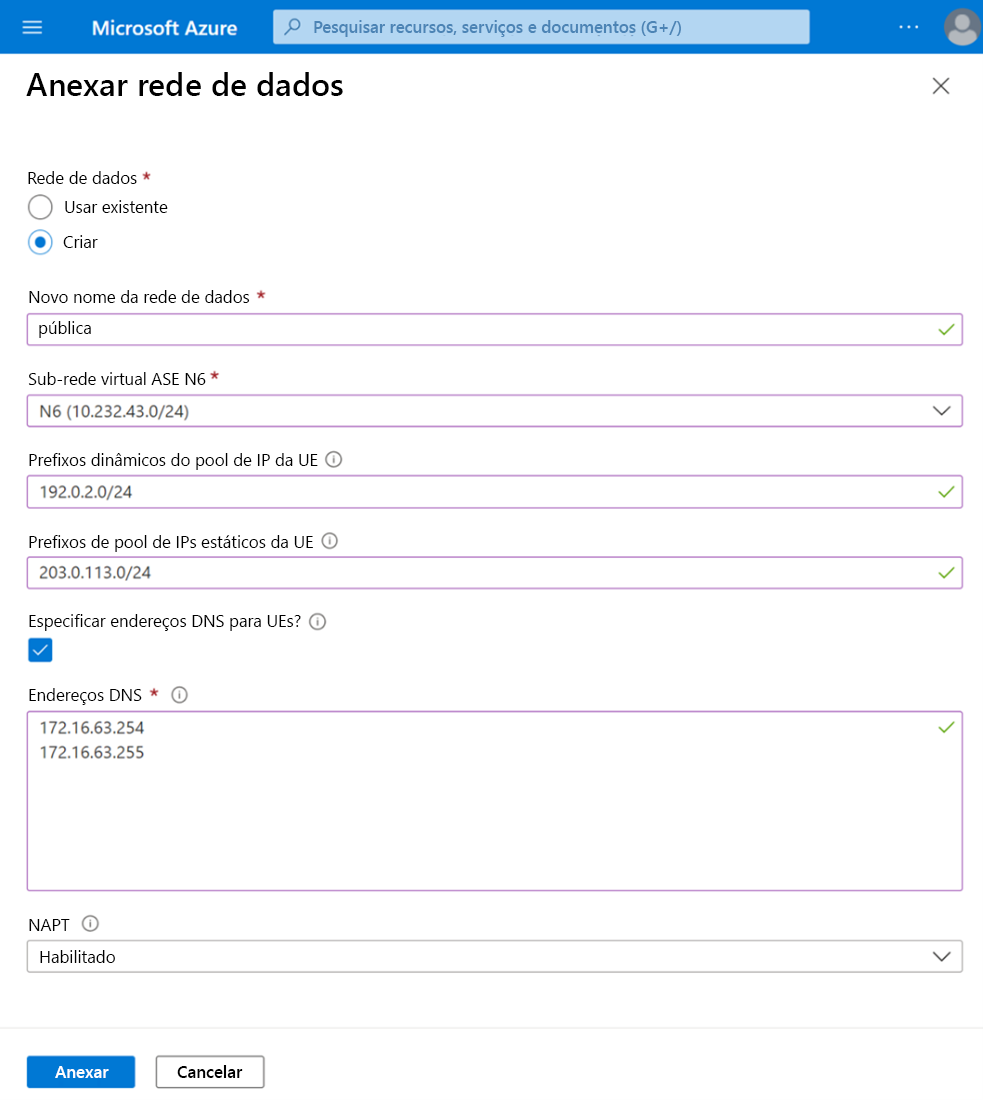 Esta tela exibe a seção redes de dados anexada na página de criação do site.