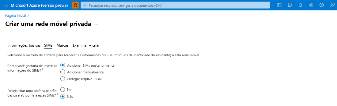 Esta tela exibe a guia de configuração do SIM.