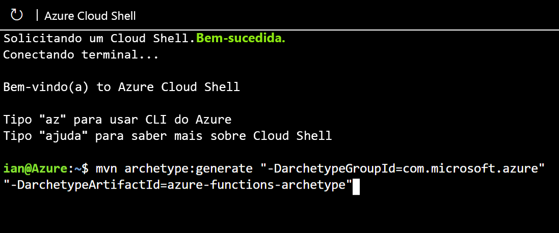 Image showing the Maven command to create an Azure Function archetype.