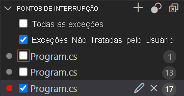 Captura de tela mostrando os pontos de interrupção listados no painel de pontos de interrupção.