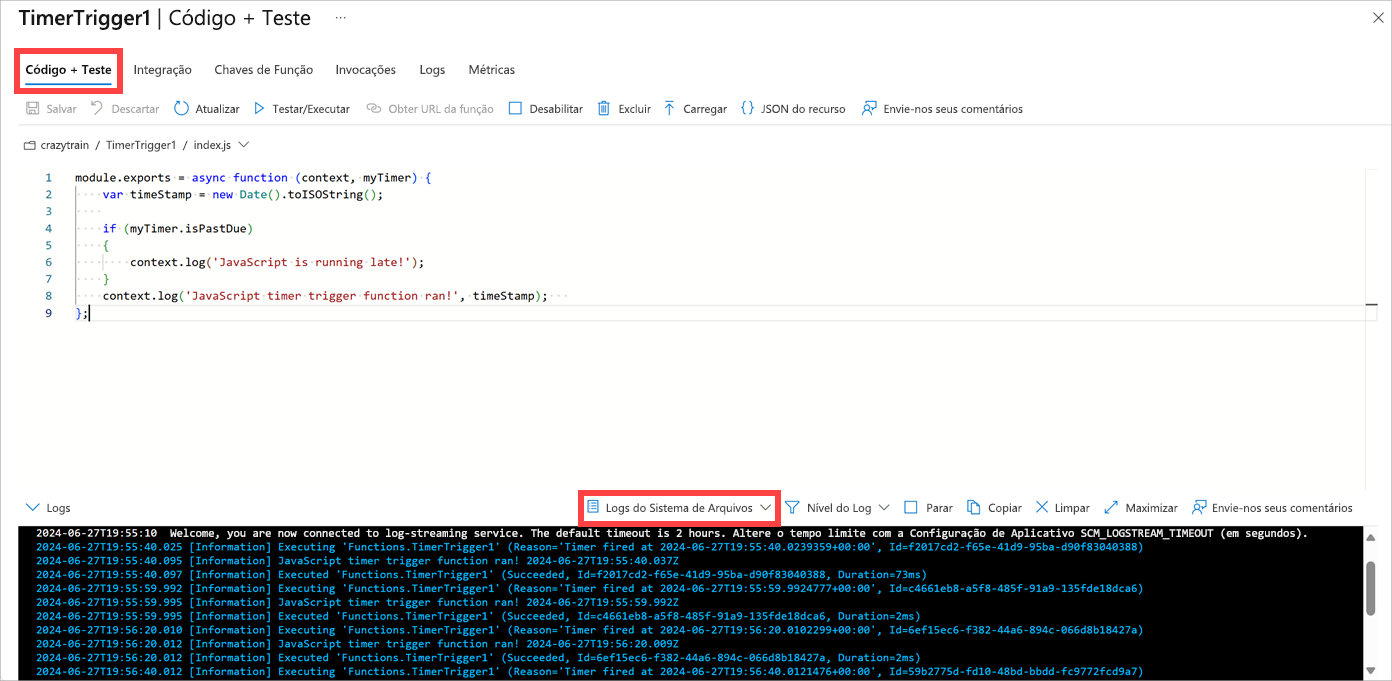 Captura de tela que mostra o painel “Código + Teste” da função com o log do sistema de arquivos exibido.