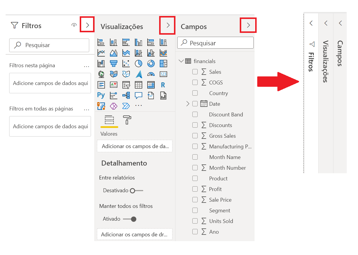 Você pode recolher ou expandir as Visualizações e Campos.