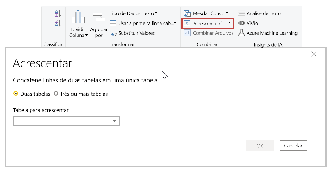 Captura de tela do botão e caixa de diálogo Acrescentar Consultas.