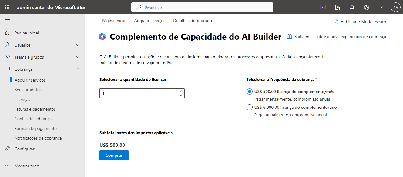 Captura de tela do portal do Centro de administração na página de complementos de capacidade do AI Builder.