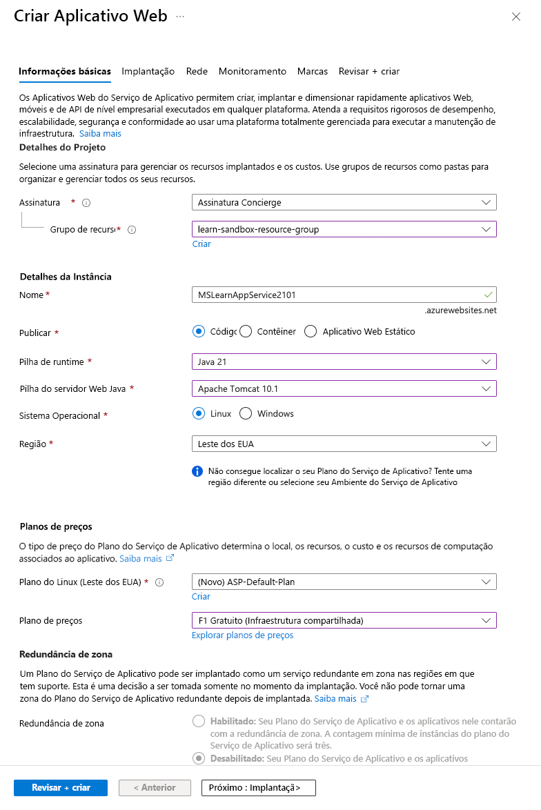 Captura de tela mostrando detalhes de criação do aplicativo Web.