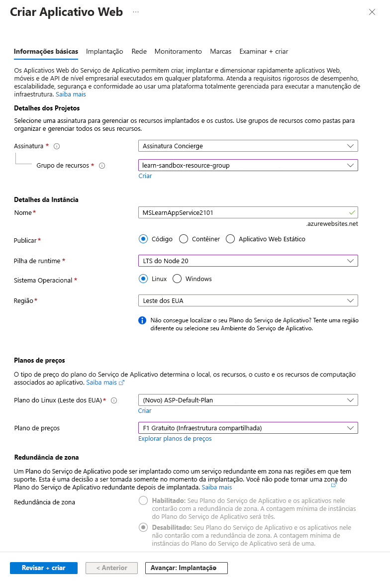 Captura de tela mostrando detalhes de criação do aplicativo Web.