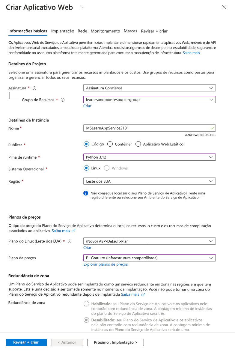 Captura de tela mostrando detalhes de criação do aplicativo Web.